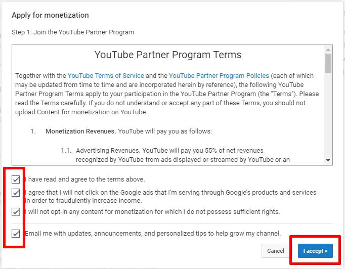 YouTube partner program terms