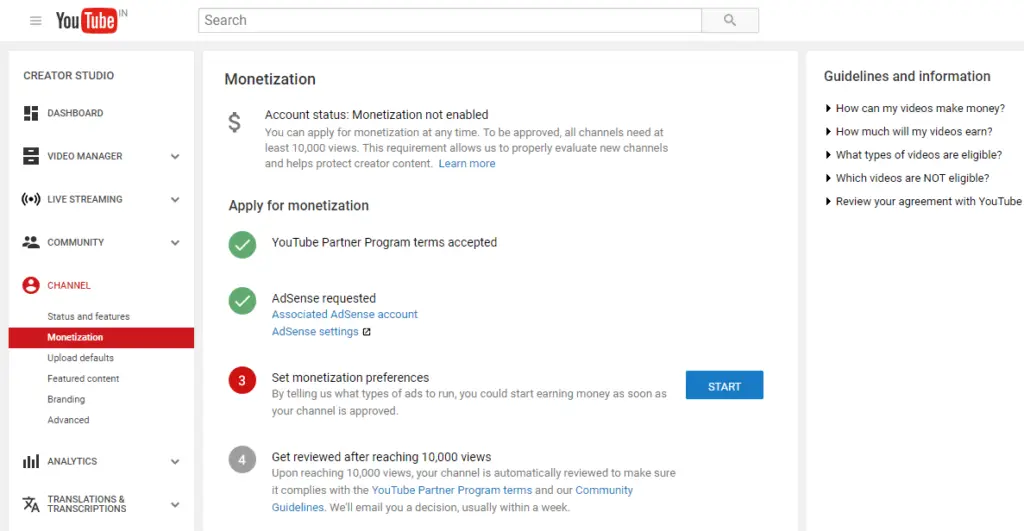 YouTube monetization preferences option