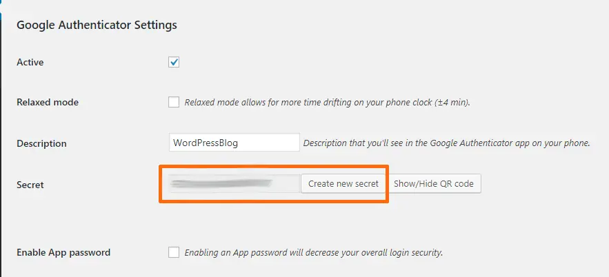 Google authenticator settings