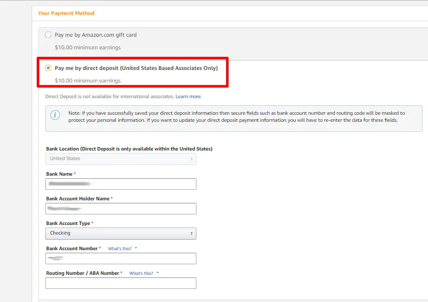 Amazon associates affiliate payment setting