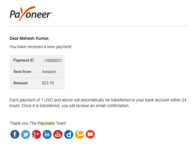 Received Payment from Amazon Associated on my Payoneer account
