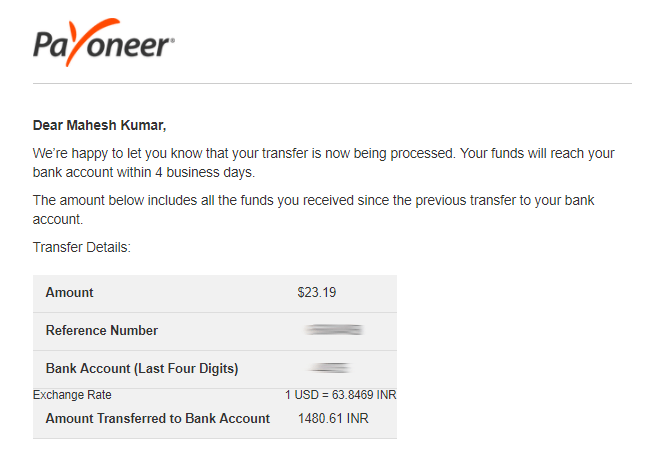 Email confirmation of payment received on my Bank account from Amazon Associates