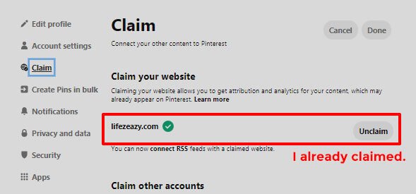 Pinterest claim website option