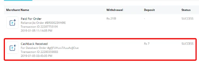 Receipt of Databack cash received in Paytm account