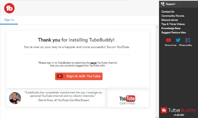 Tubebuddy sign in page