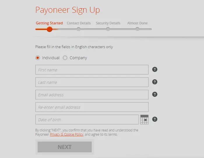 Payoneer sign up step 1