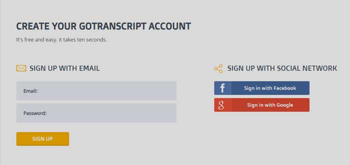 GoTranscript Sign-up page
