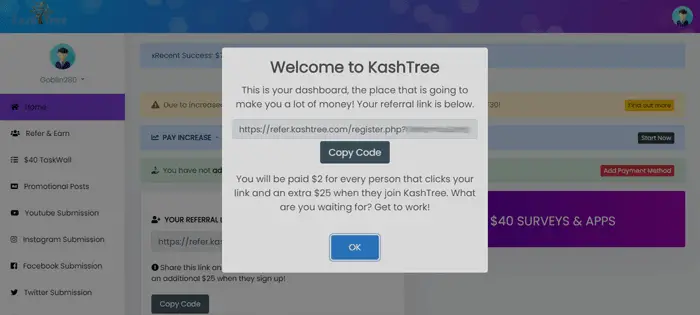 KashTree referral pop-up message