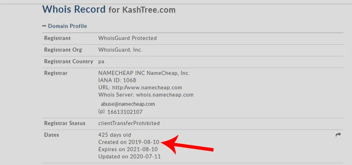 Screenshot of KashTree domain name creation date on Whois Lookup
