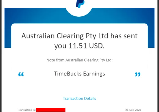 Screenshot of my Timebucks PayPal earning