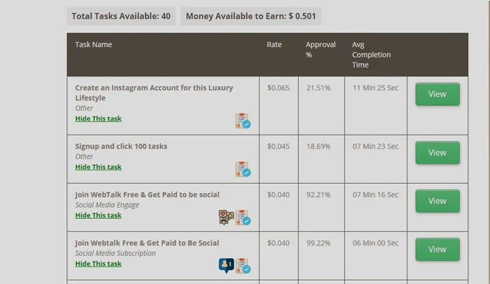 Screenshot of Timebucks Tasks page