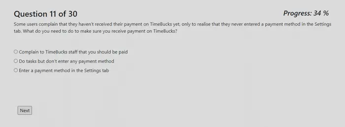 Timebucks Quality Test survey question