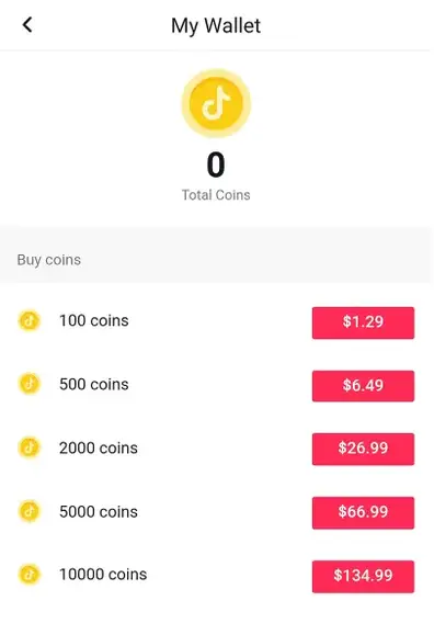 Screenshot del pacchetto di monete TikTok