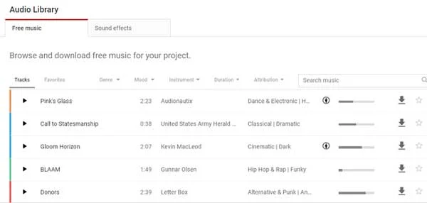 Screenshot of YouTube Audio Library