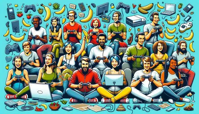 Various people enthusiastically participating in a video gaming session, illustrating the inclusive and diverse community at Bananatic, suitable for gamers of all backgrounds.