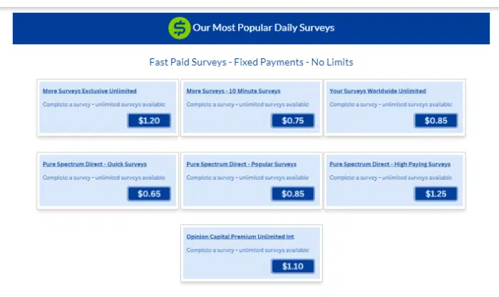 Screenshot of available surveys on SuperPay.Me