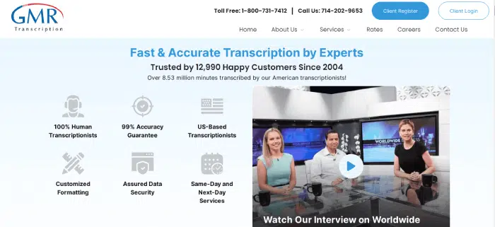 Screenshot of GMR Transcription website