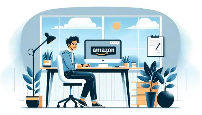 Freelancer working remotely on an Amazon project, focused on his computer in a home office setup.