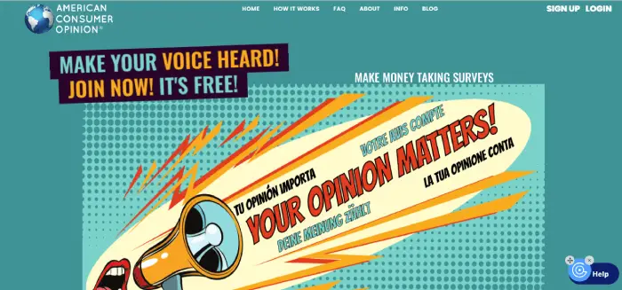 Screenshot of American Consumer Opinion website homepage