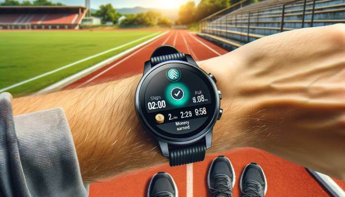 Health tracking app on a smartwatch showing steps and money earned, with athletic shoes on a track field and a clear sky in the background.