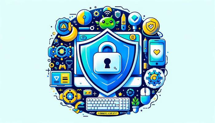 Vector illustration of a computer displaying a lock icon on its screen, symbolizing security and safety, used in the 'Is Bananatic a Safe Site?' section of the website.