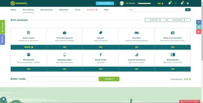 Screenshot of Bananatic's homepage, displaying its earning options for users looking to earn rewards.
