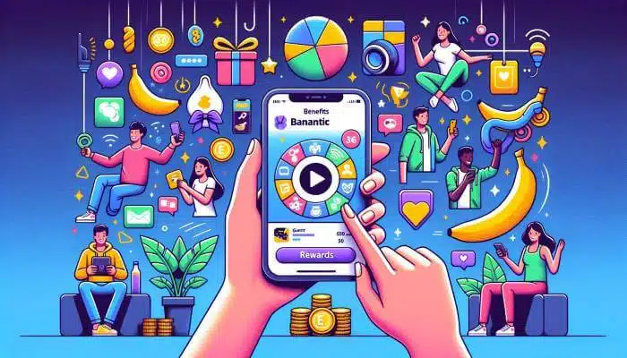 Vector illustration of a diverse person engaged in browsing the Bananatic website on a mobile device, highlighting the user-friendly interface and ease of access, used in the 'Benefits of Bananatic' section to emphasize the platform's convenience and positive user experience.