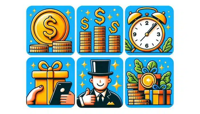 Image illustrating the benefits of joining Grindabuck, showcasing symbols and icons that represent the advantages such as earning rewards, a variety of redemption options, user-friendly interface, and the potential for passive income.