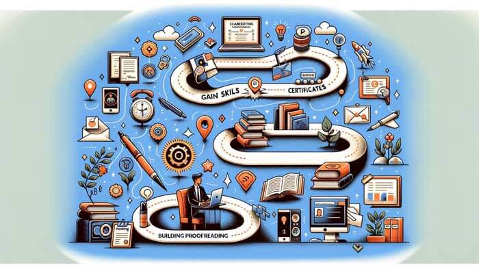 An inspirational illustration depicting the career journey of a proofreader, with milestones and key symbols.