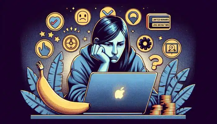 Vector illustration of a disheartened young girl sitting at her desk with a laptop, portraying the potential downsides associated with using Bananatic.