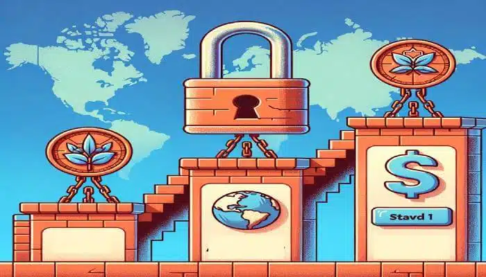 Image illustrating three major drawbacks of joining Grindabuck: 1) Privacy concerns represented by a broken padlock, indicating potential security issues; 2) Limited availability showcased by a world map with only a few countries highlighted, emphasizing the platform's restricted accessibility; 3) A steep staircase leading to a dollar sign, symbolizing the high payout threshold for level 1 members, making it a challenging and potentially discouraging journey for new users.