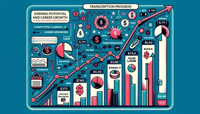 An infographic highlighting the earning potential and career growth for transcriptionists. Include elements like ascending graphs, dollar signs, career.