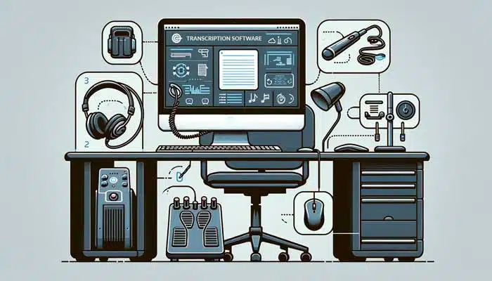 An informative infographic showcasing equipment and software for transcription. The image should display a computer, transcription software interface.