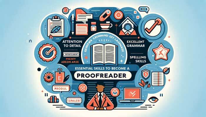 An inspirational illustration depicting the career journey of a proofreader, with milestones and key symbols.