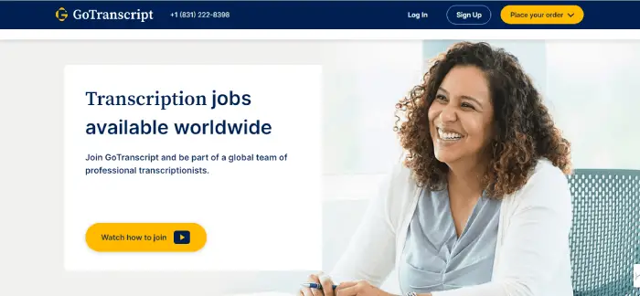 A screenshot of GoTranscript work sign-up page