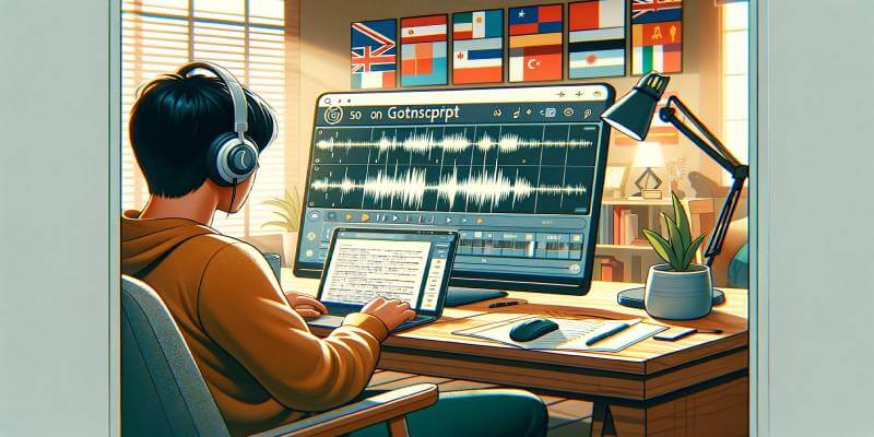 Person of Asian descent working as a transcriber on GoTranscript in a home office, using a laptop with transcription software, headphones on, surrounded by various language flags.