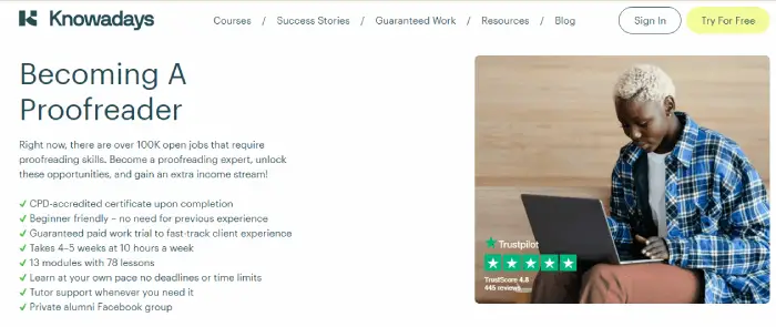 Screenshot of Knowadays Becoming a proofreader course homepage