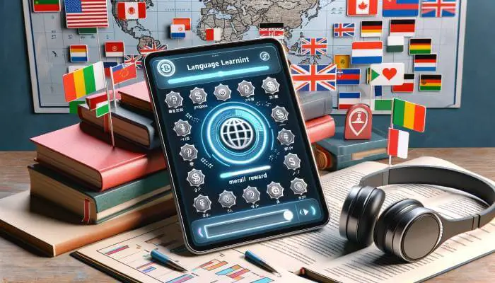 Tablet showing a language learning app with progress badges, books, headphones, a world map, and national flags in the background.