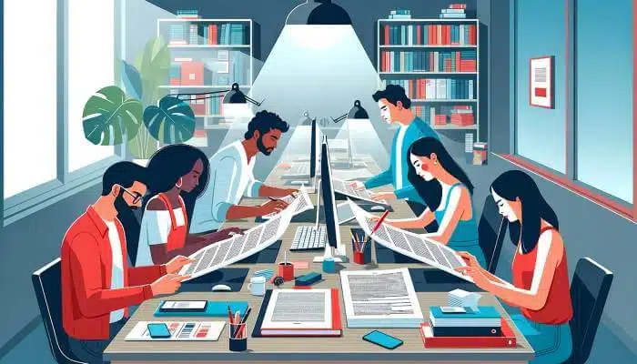 Team of proofreaders meticulously proofreading documents with red pens and reference books on a cluttered office desk.
