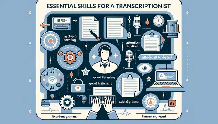 An educational infographic about essential skills for a transcriptionist. Include icons representing skills like fast typing, good listening.