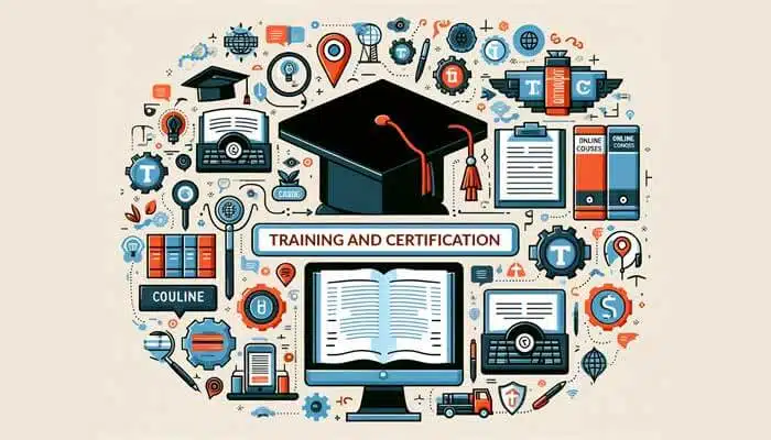 A detailed infographic about training and certification for transcription. Include elements like a graduation cap, certificates, online courses.