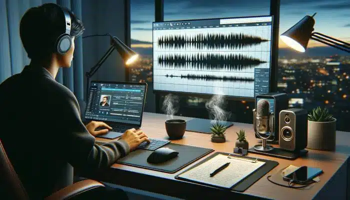 Young man transcribing audio files using headphones and a laptop in a well-organized, quiet home office.