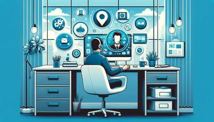 Virtual assistant organizing schedules and managing emails on a desktop computer in a cozy, plant-filled room.