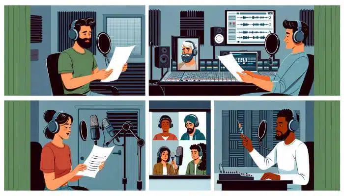 Four voice-over artists in soundproof studios recording diverse audio content for various media projects.