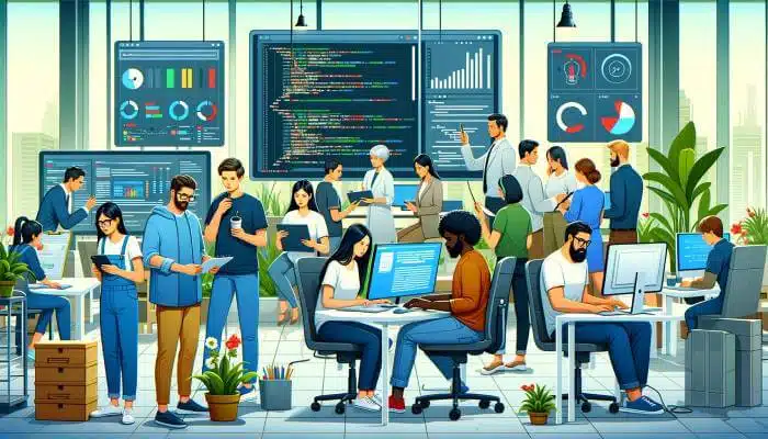 Web developers conducting website testing for user experience and functionality on multiple computer screens.
