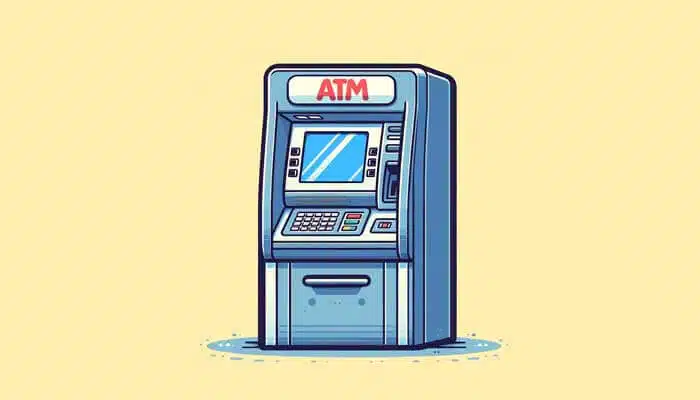 A vector illustration depicting an ATM machine set in a public space, symbolizing convenience in banking.
