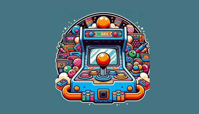 A colorful vector representation of an arcade machine surrounded by game icons and decorations, evoking nostalgia and entertainment.
