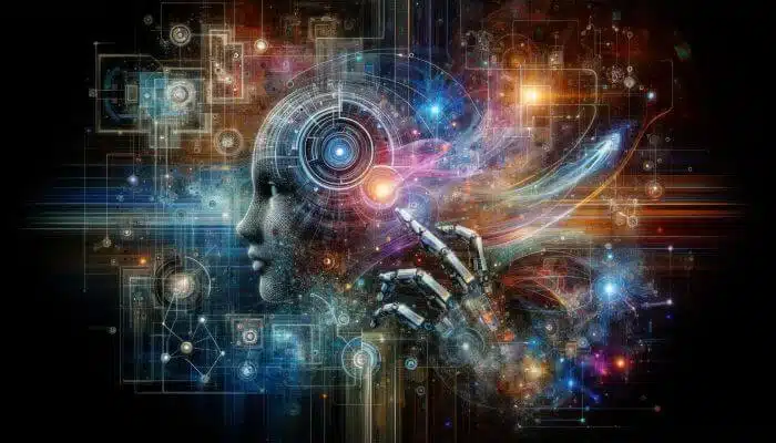 A conceptual visualization of artificial intelligence and machine learning, featuring a human-like figure with a head composed of electronic circuits and data streams. 