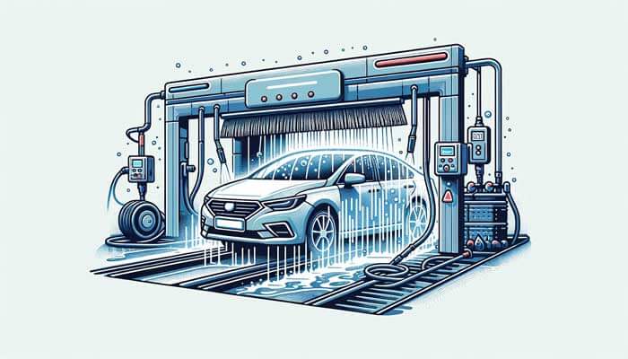 A vector depiction of an automatic car wash machine in action, with a vehicle being cleaned, showcasing convenience and modern car care.