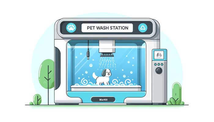A cute and clean vector image of an automatic pet wash station with a happy dog enjoying a bath, suggesting pet-friendly technology.
